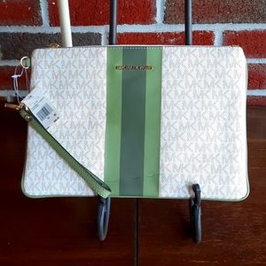 Michael Kors Jet Set Green Stripe and Ivory Monogram Zip Clutch NWT minor damage